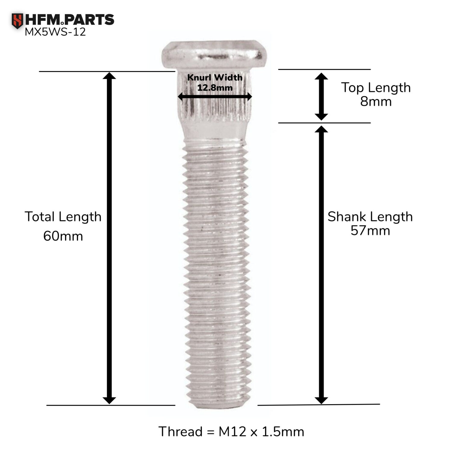 bull nose extended wheel stud for mx 5 na, nb, nc, nd, abath 124
