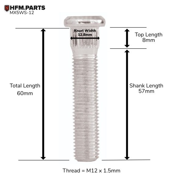 bull nose extended wheel stud for mx 5 na, nb, nc, nd, abath 124