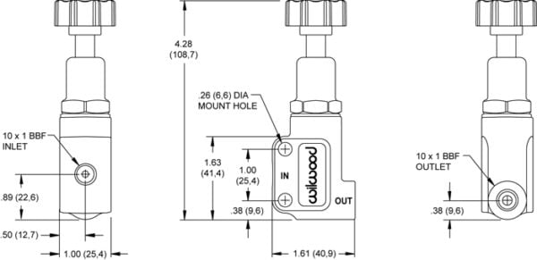 Wilwood 260-12627 proportioning valve dimension drawing, M10 x 1 bubble-flare inlet and outlet
